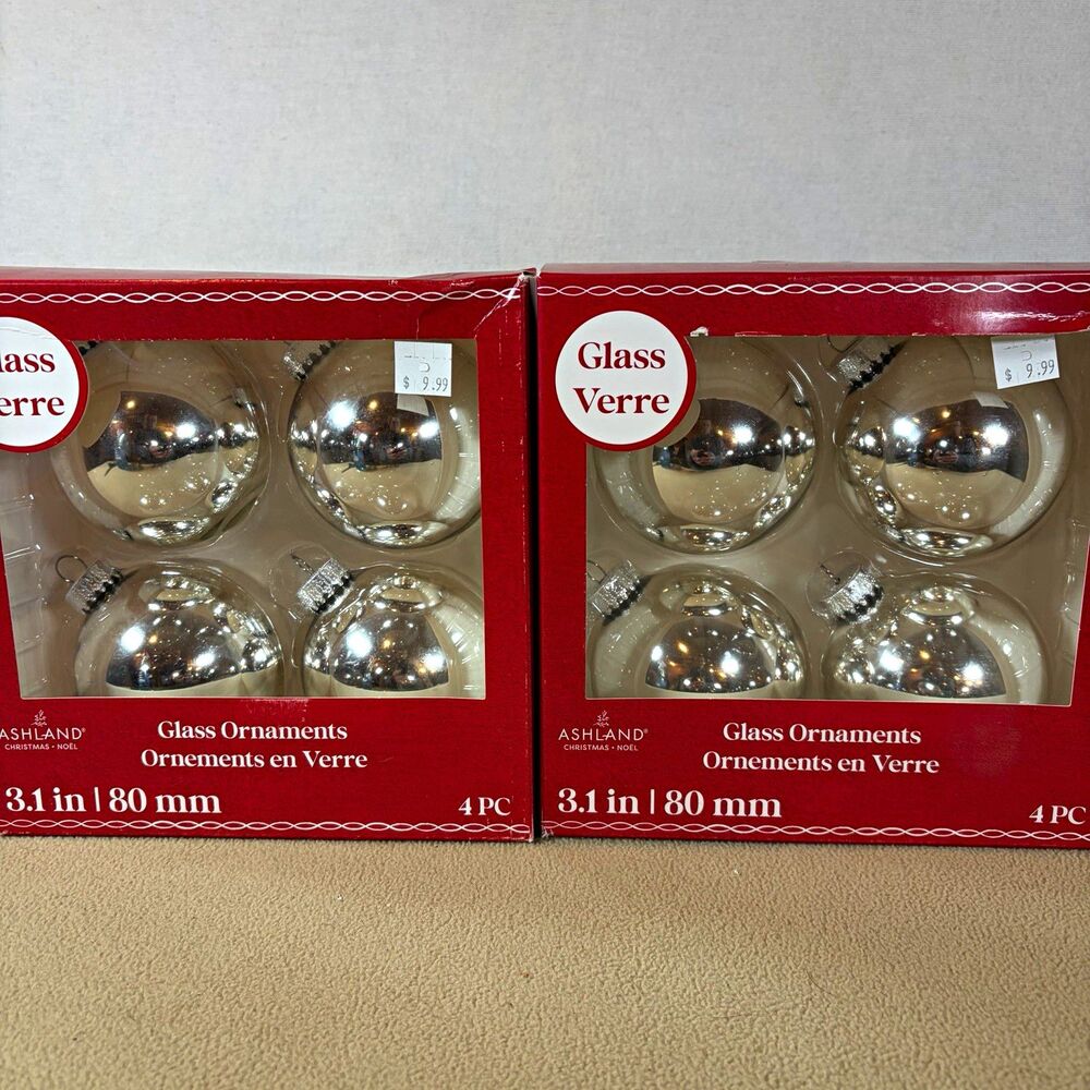 Lot 2 Ashland Silver Mercury Glass Christmas Ball Ornaments 3.1" 80mm Round 8 PC